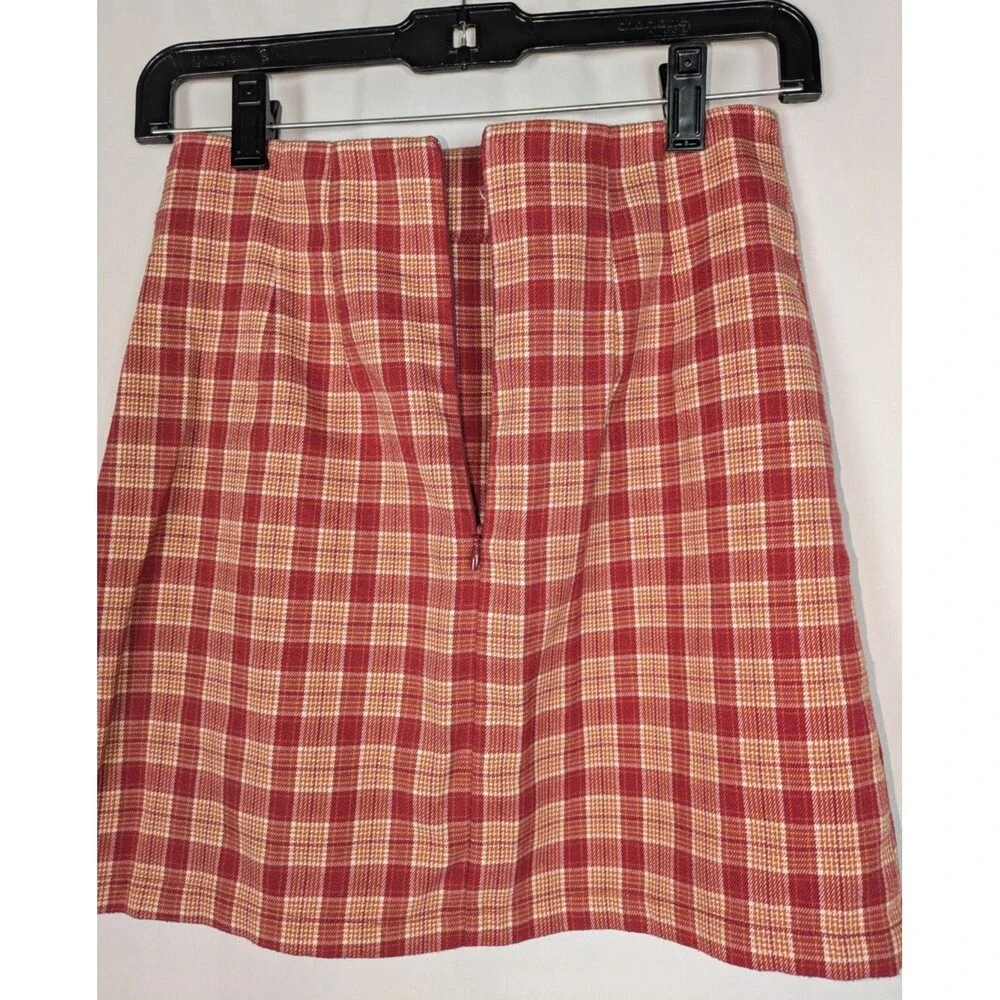 Brandy Melville John Galt Cara Red and Tan Plaid Dual Front Slit Mini Skirt OS